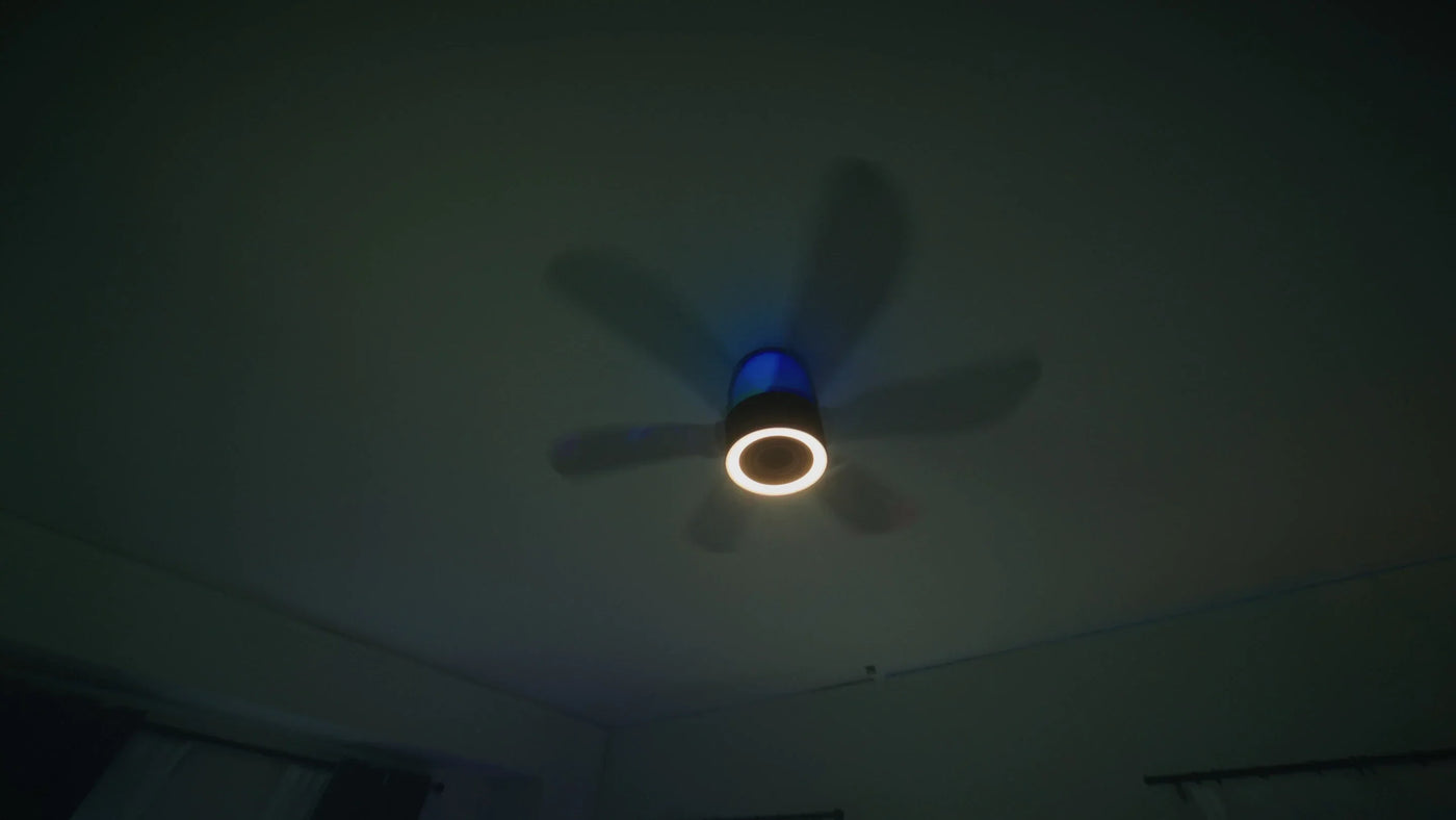 AirFi One mounted on a ceiling with the main light illuminated